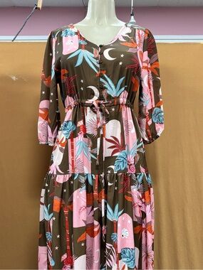 Brown & Pink Floral Moon Print Midi Dress